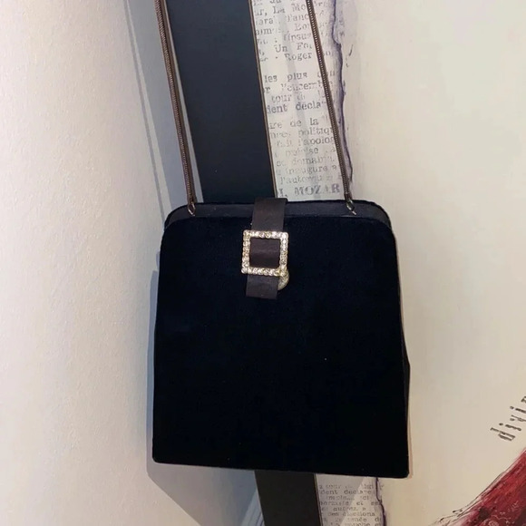 Jeanne Lottie  Vintage Black Velvet rhinestone details slim chain shoulder bag - Picture 3 of 11